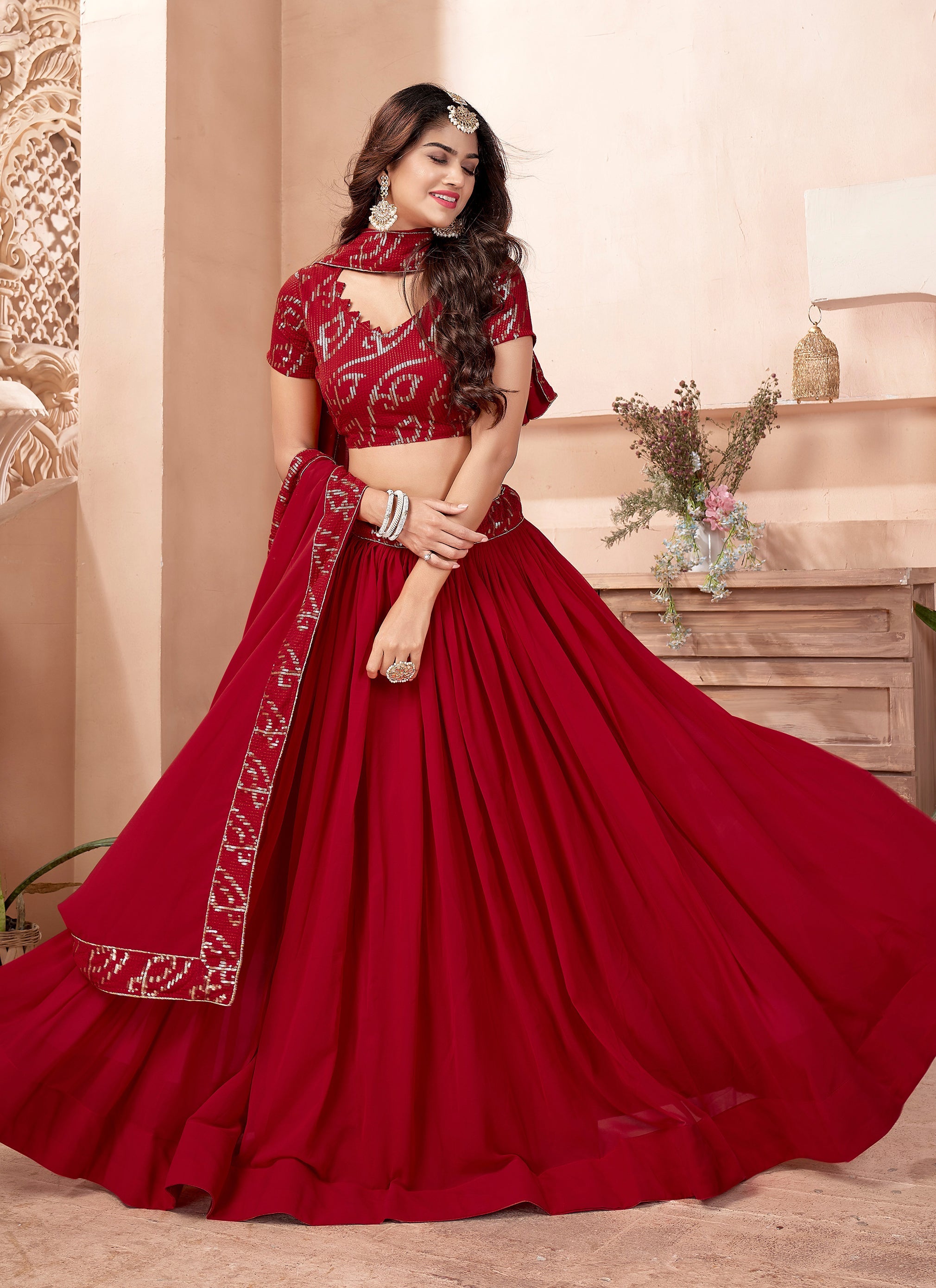 Red Embroidered Party Wear Thread Work Lehenga Choli TDS4633 –  TheDesignerSaree