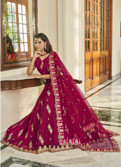 Cherry Pink Party Organza Silk Wear Lehenga Choli