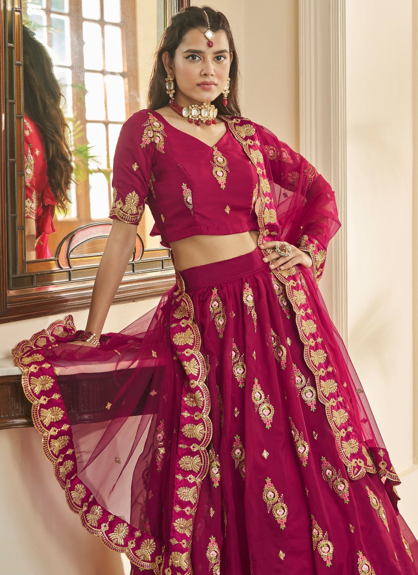 Cherry Pink Party Organza Silk Wear Lehenga Choli