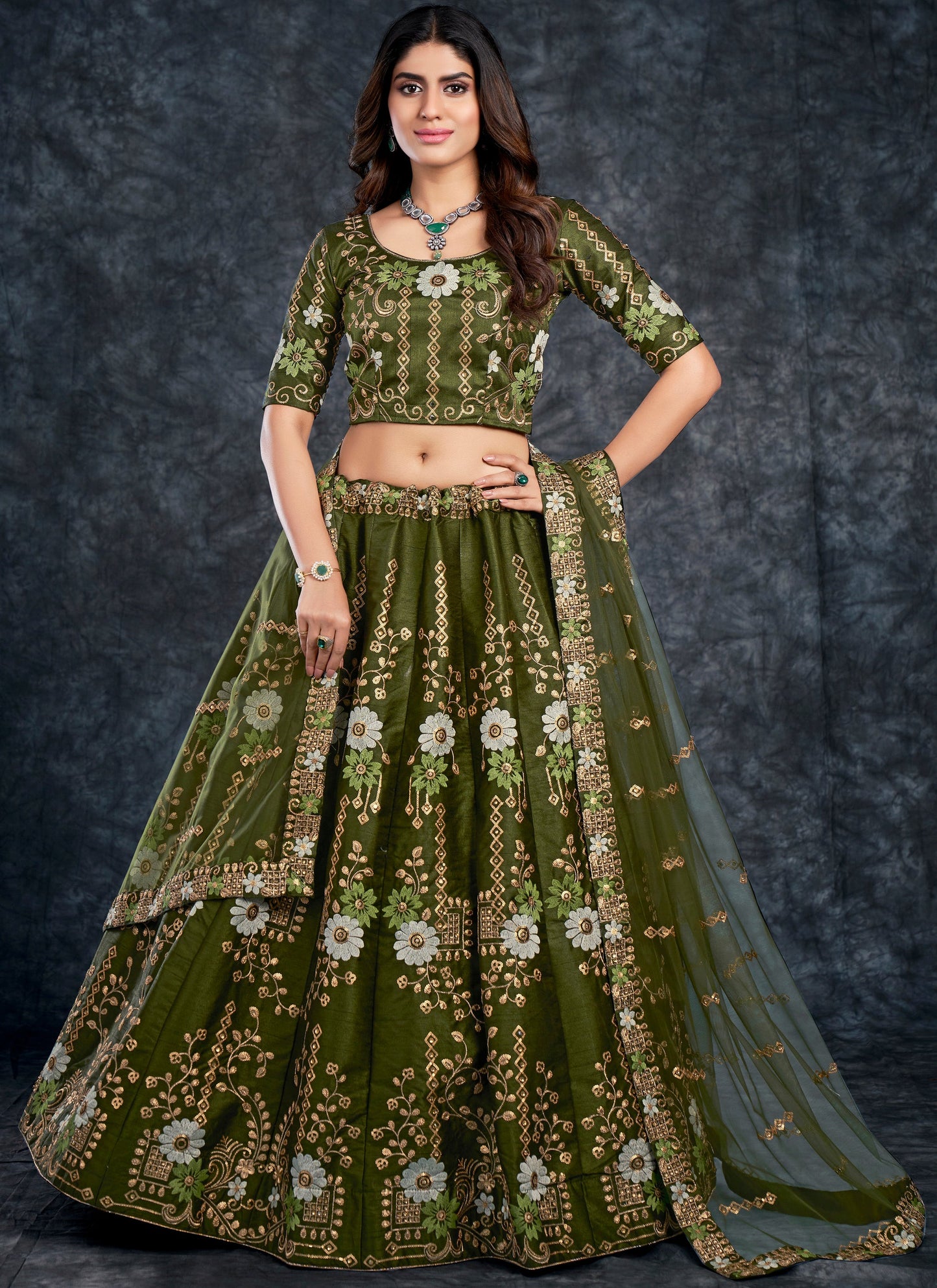 Bridal Dark Green Art Silk Lehenga Choli