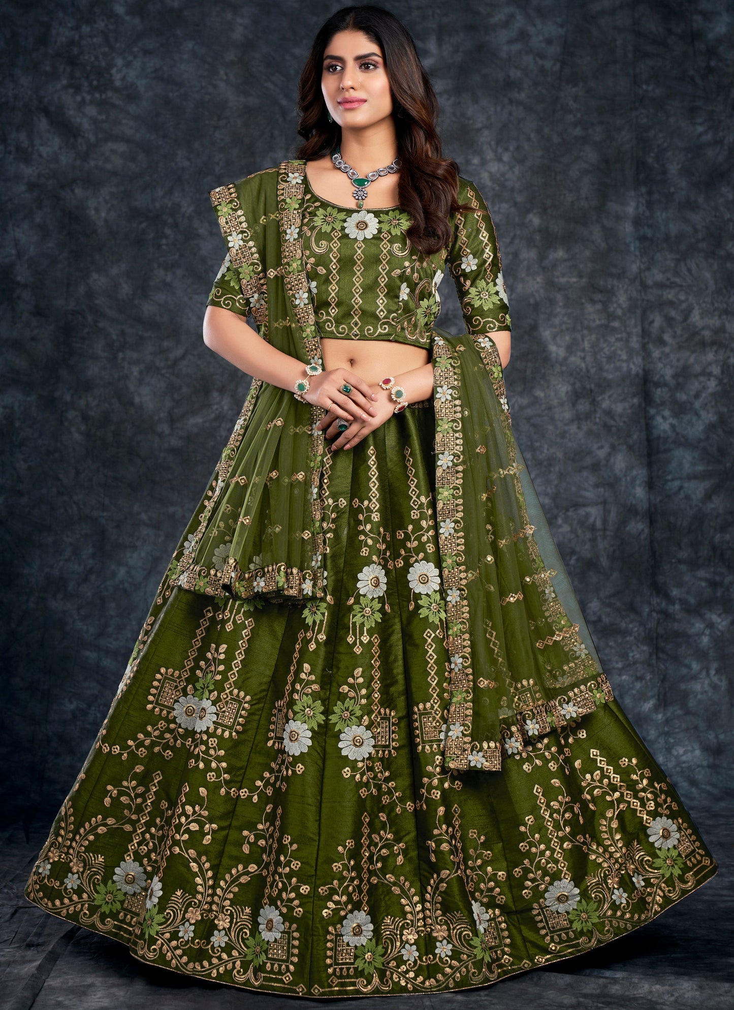 Bridal Dark Green Art Silk Lehenga Choli