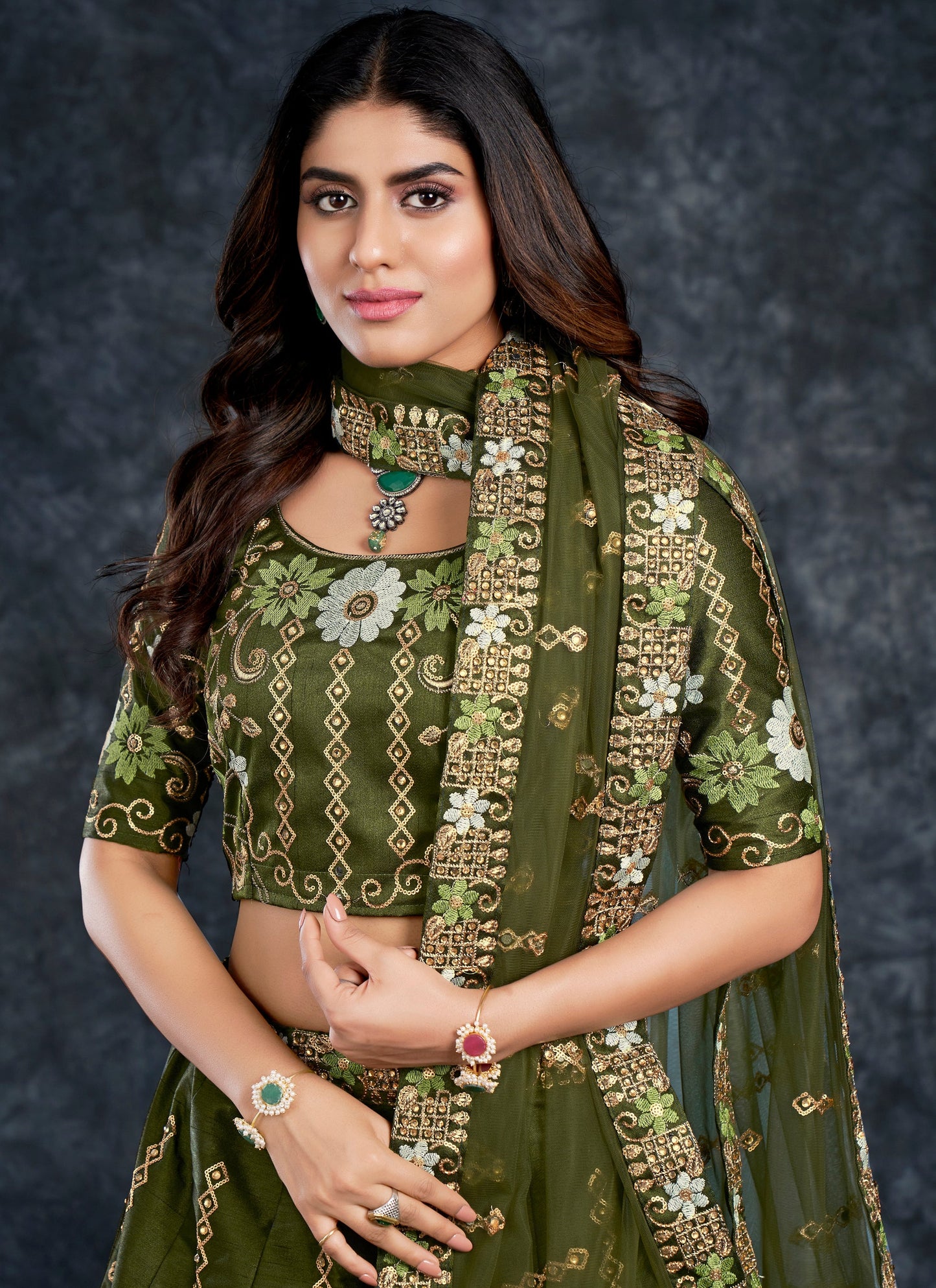 Bridal Dark Green Art Silk Lehenga Choli