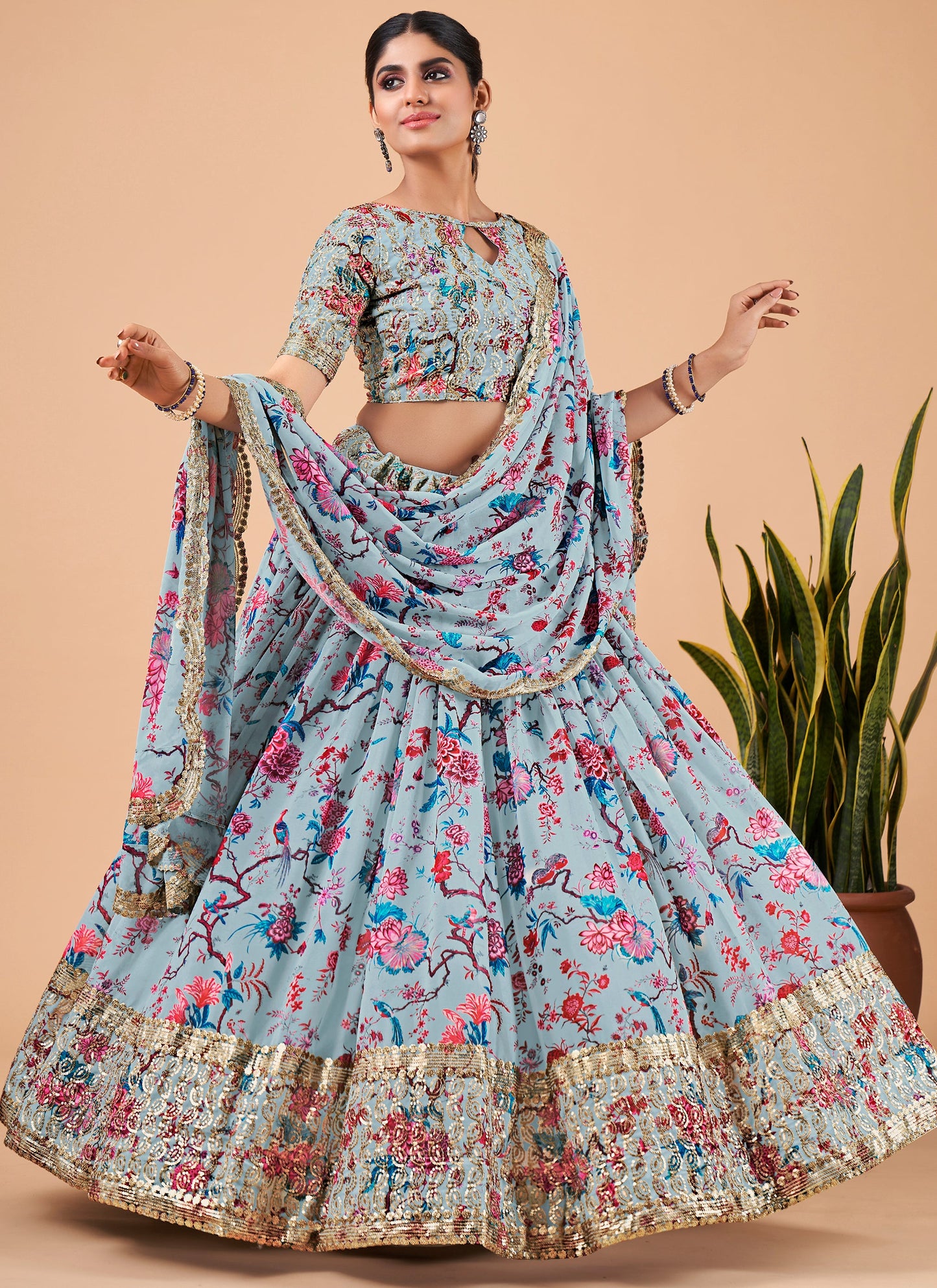 Sky Blue Printed Lehenga Choli