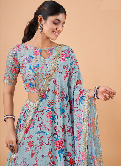 Sky Blue Printed Lehenga Choli