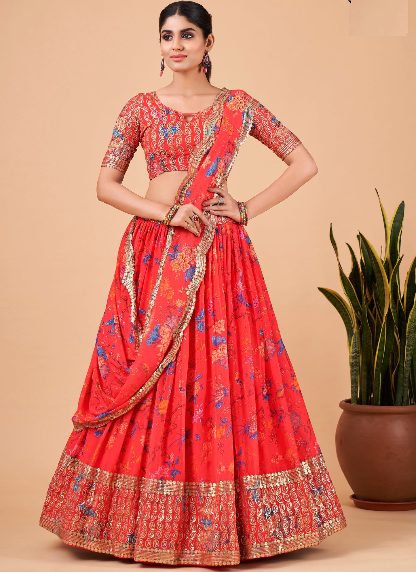 Bright Red Printed Lehenga Choli