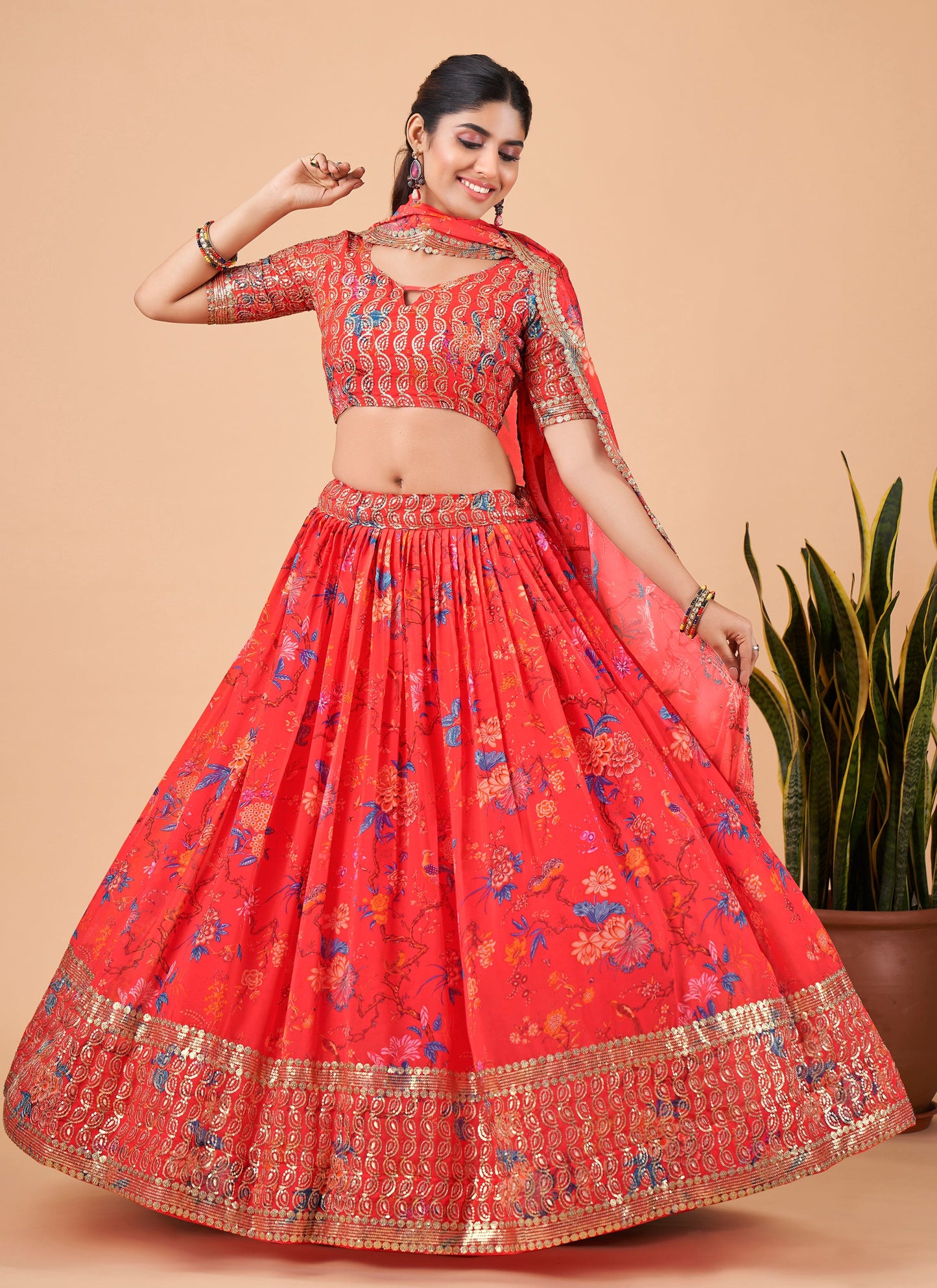 Bright Red Printed Lehenga Choli