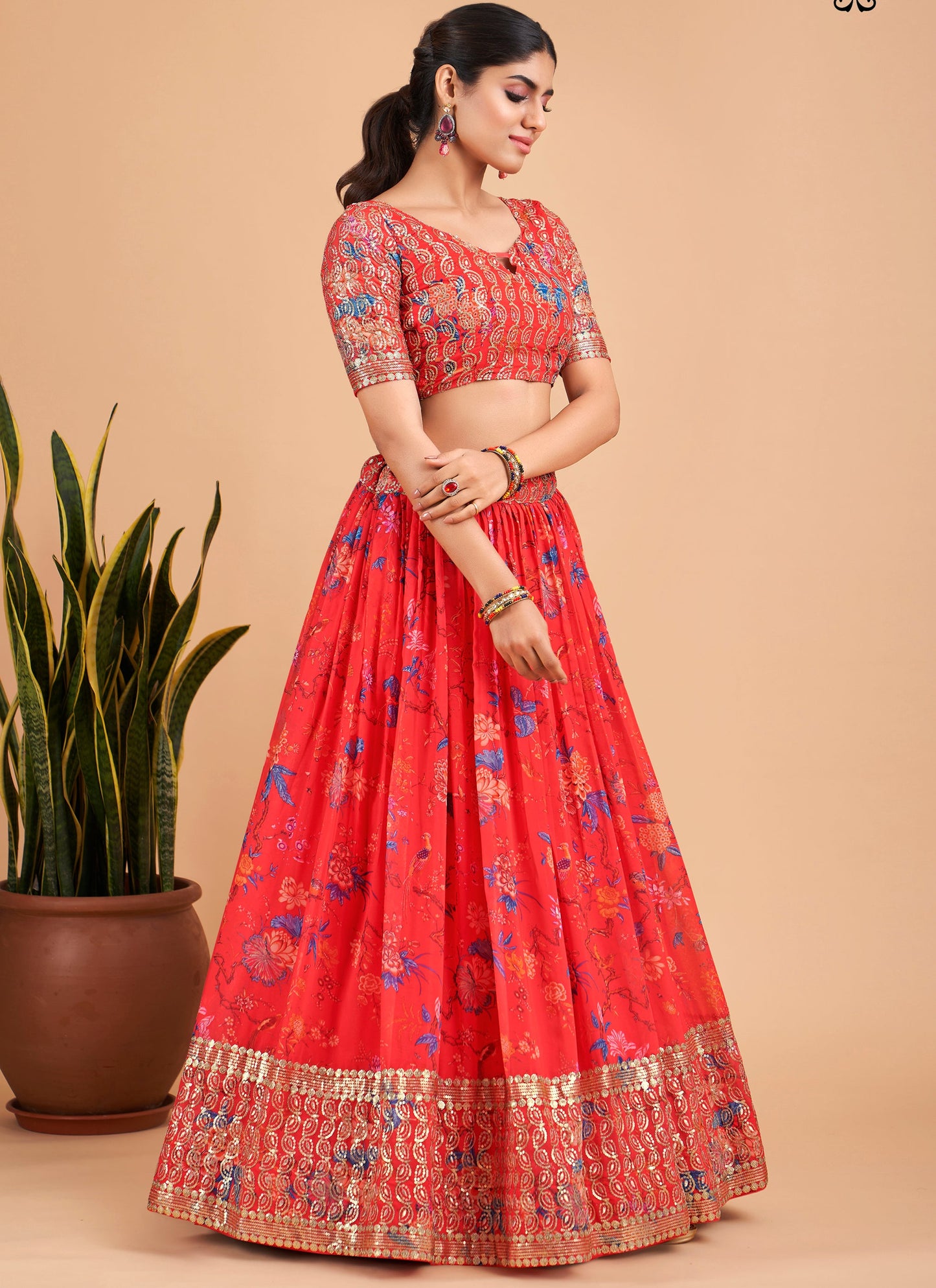 Bright Red Printed Lehenga Choli