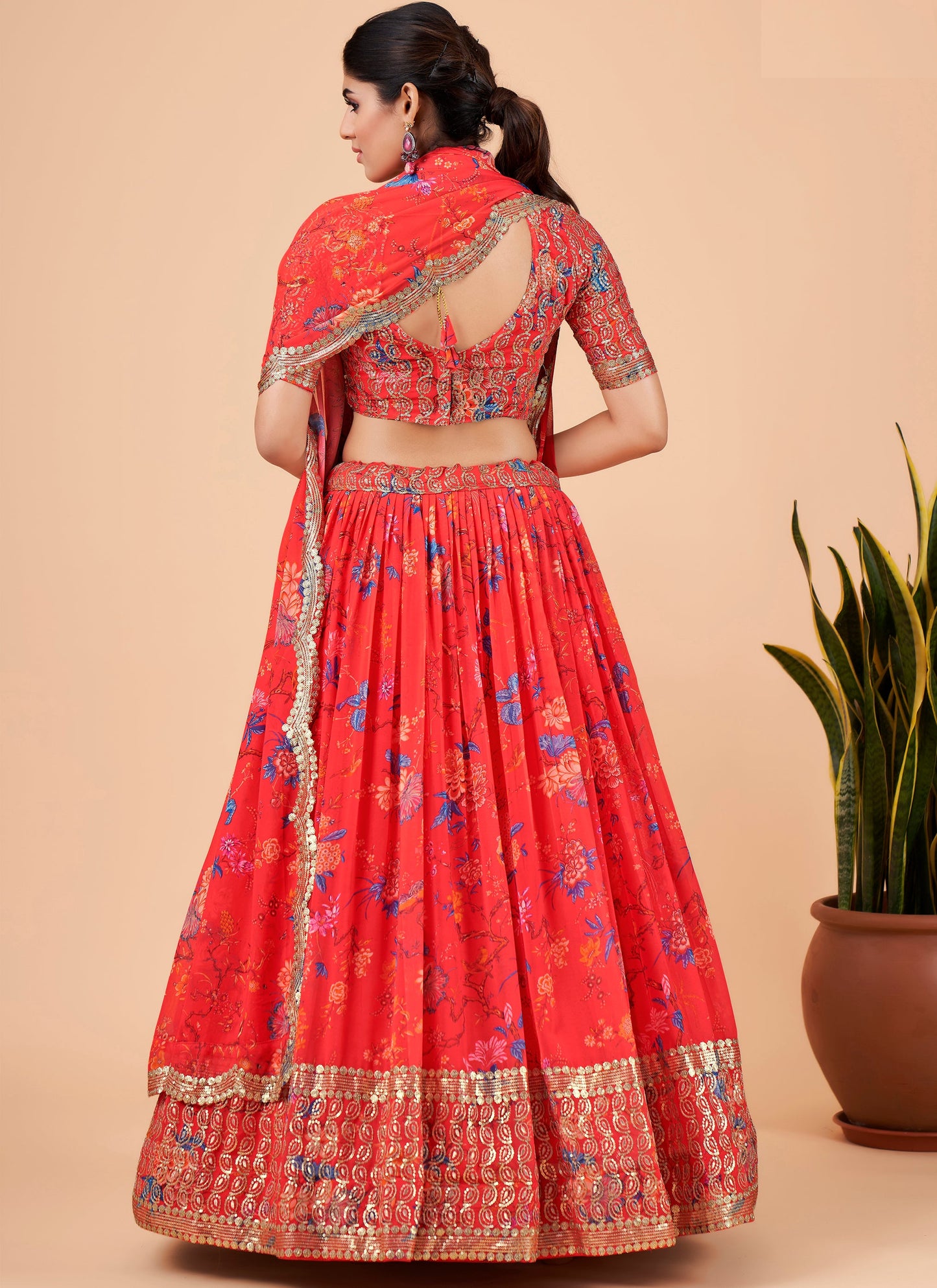 Bright Red Printed Lehenga Choli