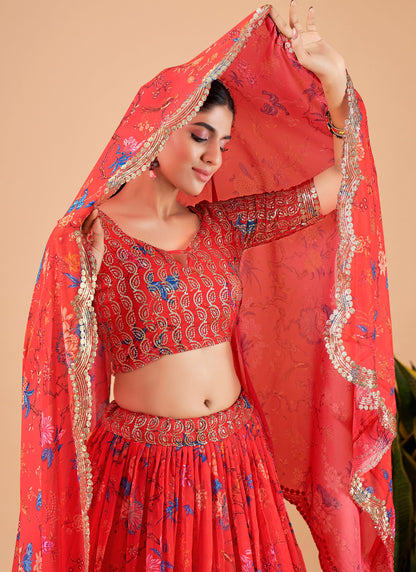 Bright Red Printed Lehenga Choli