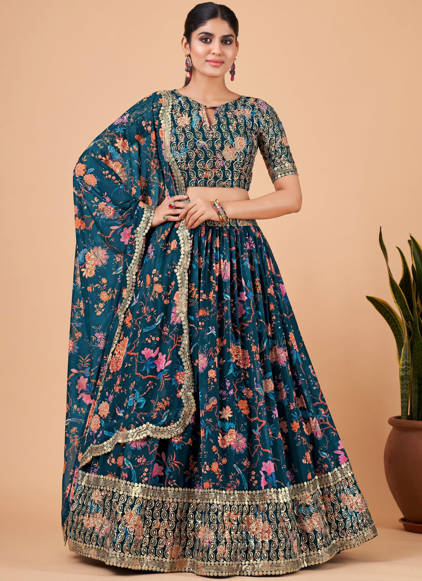 Teal Blue Printed Lehenga Choli