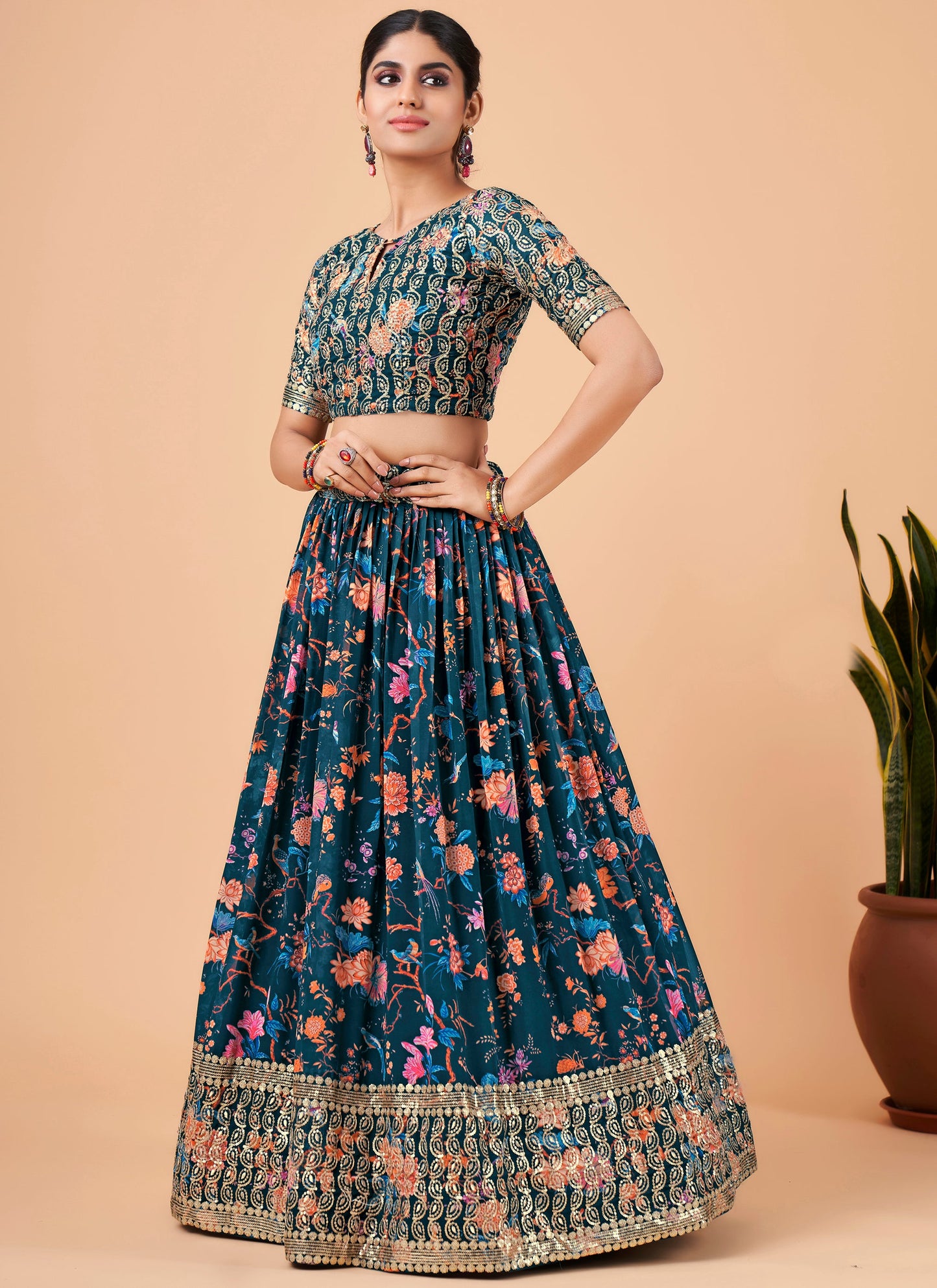 Teal Blue Printed Lehenga Choli