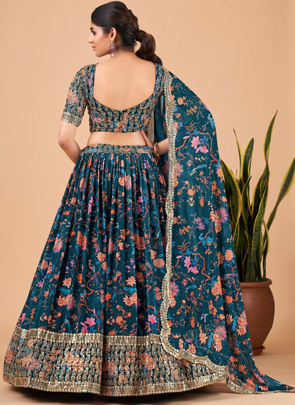 Teal Blue Printed Lehenga Choli