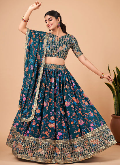 Teal Blue Printed Lehenga Choli