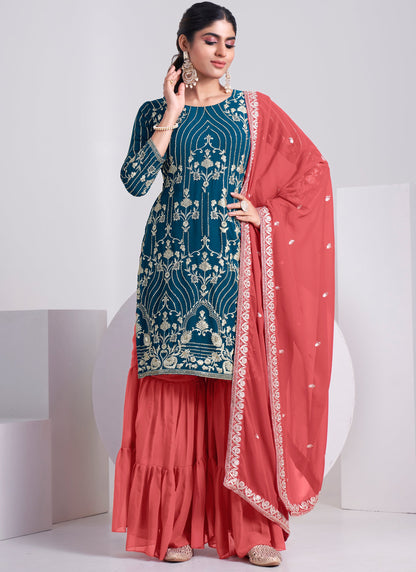 Buy Designer Teal Blue Sharara Suit