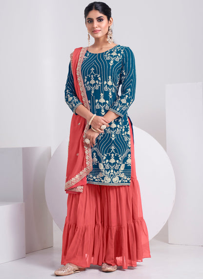 Buy Designer Teal Blue Sharara Suit