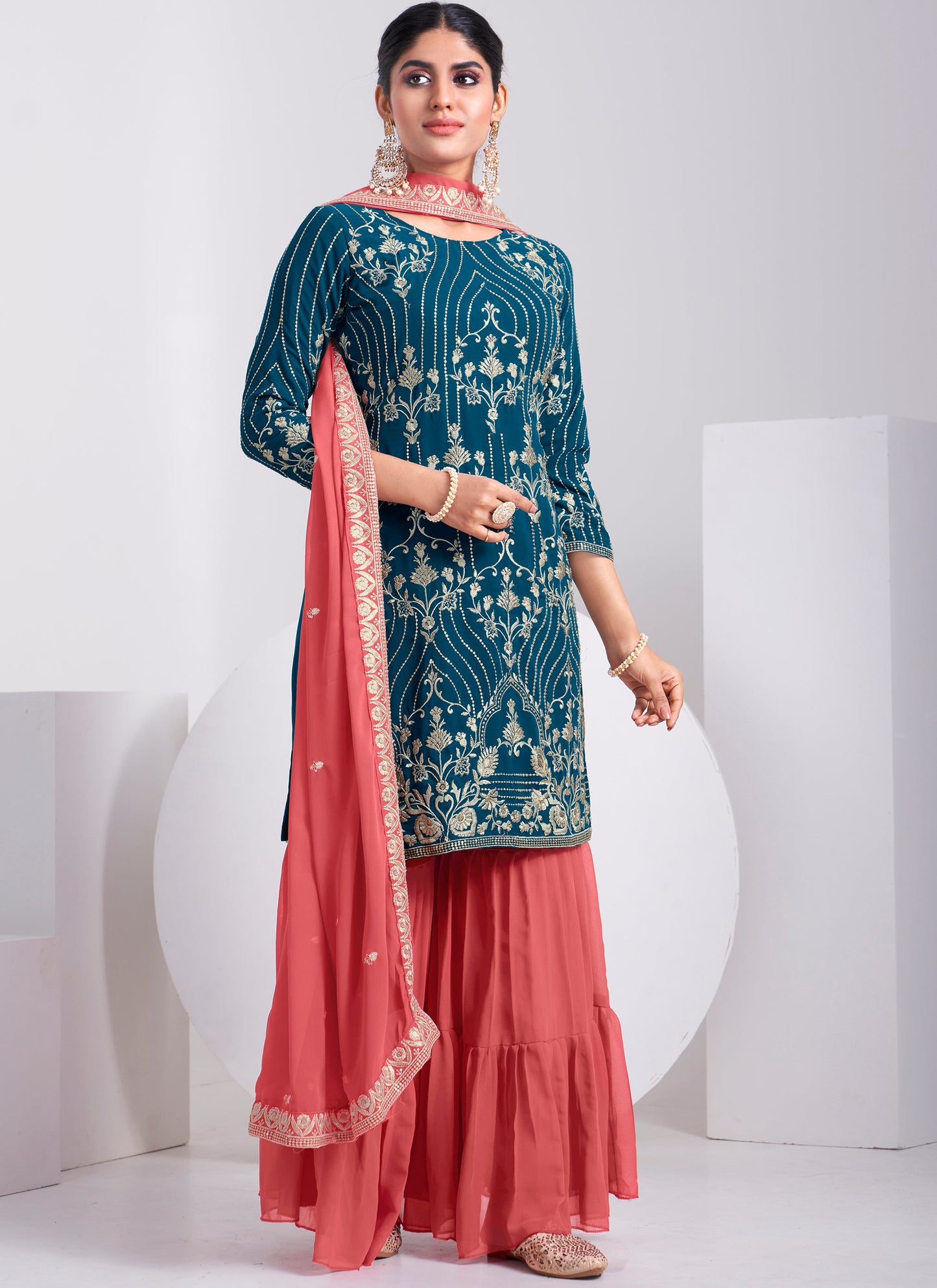 Buy Designer Teal Blue Sharara Suit