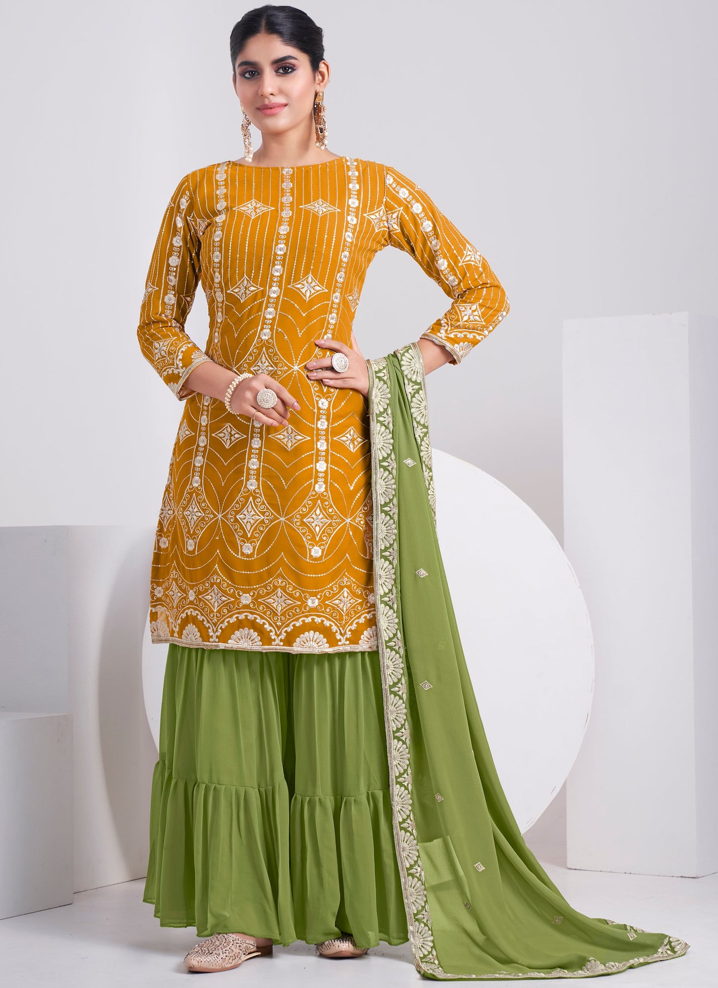 Buy Designer Mustard Yellow Sharara Suit