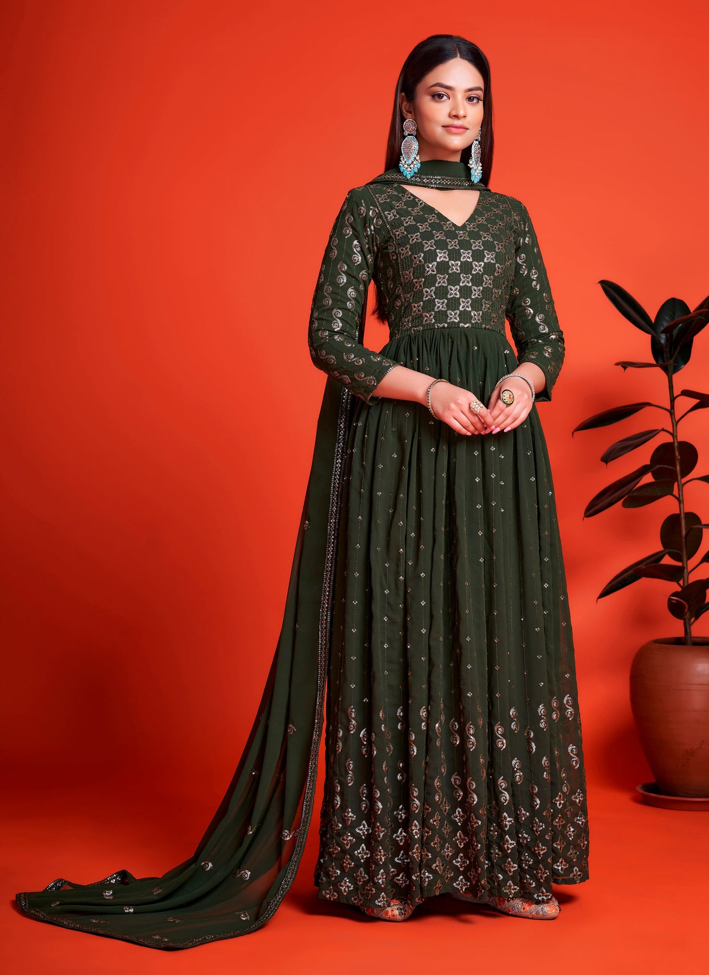 Designer Mehendi Green Long Gown