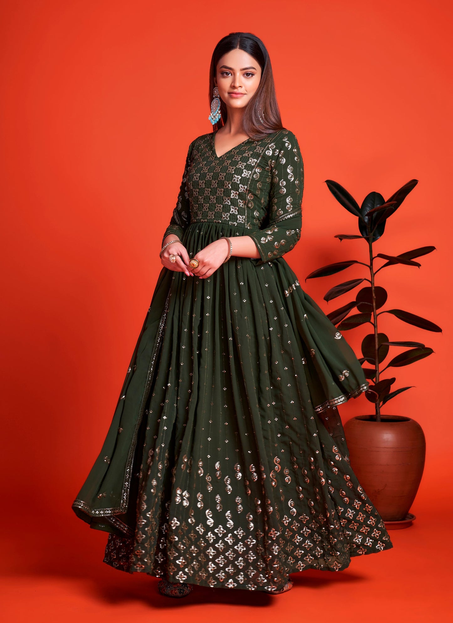 Designer Mehendi Green Long Gown