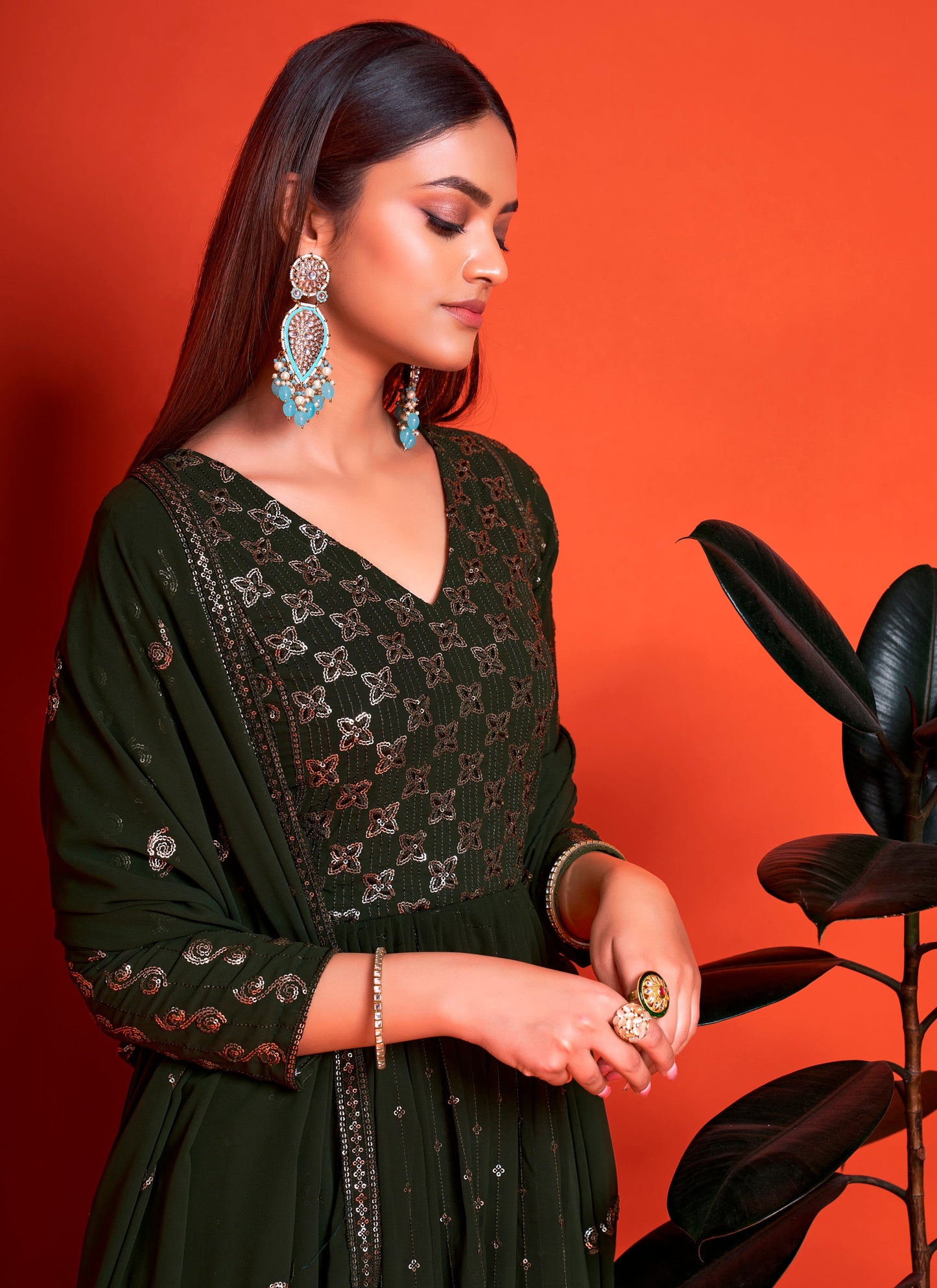 Designer Mehendi Green Long Gown