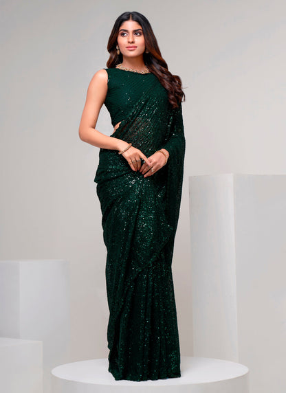 Dark Green Designer Sequin Saree With Blouse