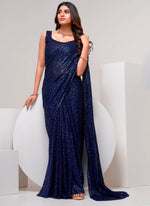 Neavy Blue Designer Sequin Saree With Blouse