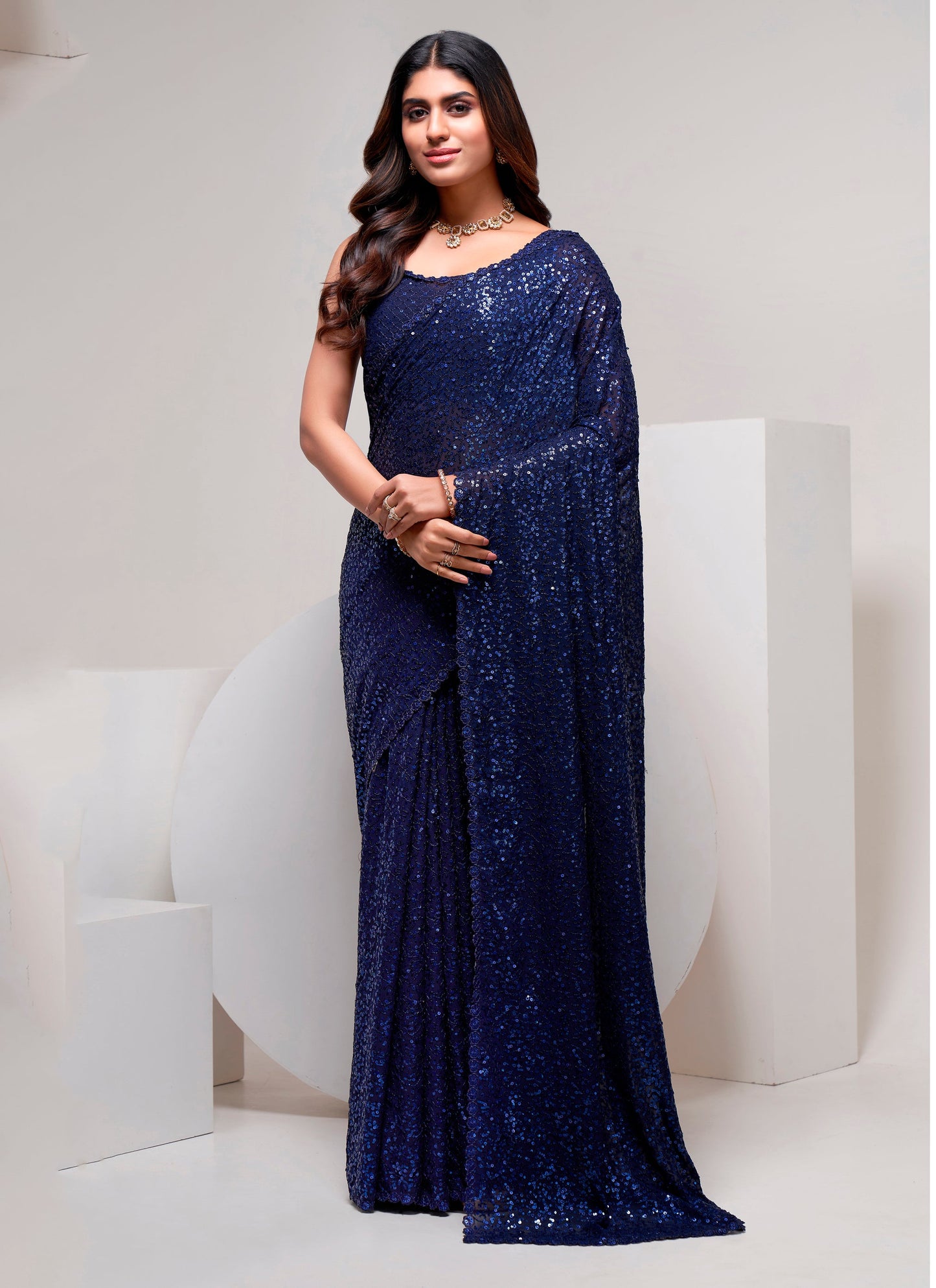 Neavy Blue Designer Sequin Saree With Blouse