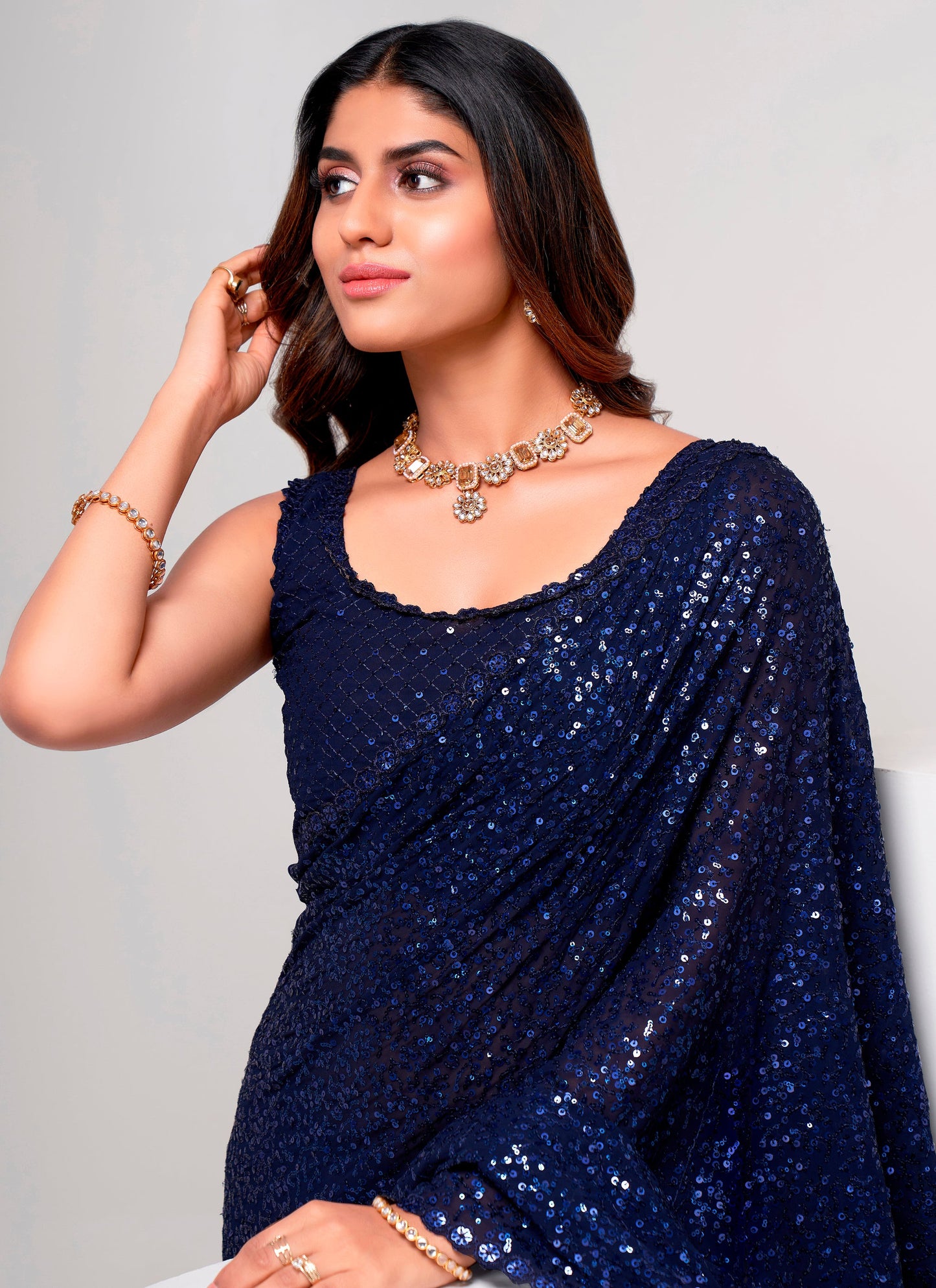 Neavy Blue Designer Sequin Saree With Blouse