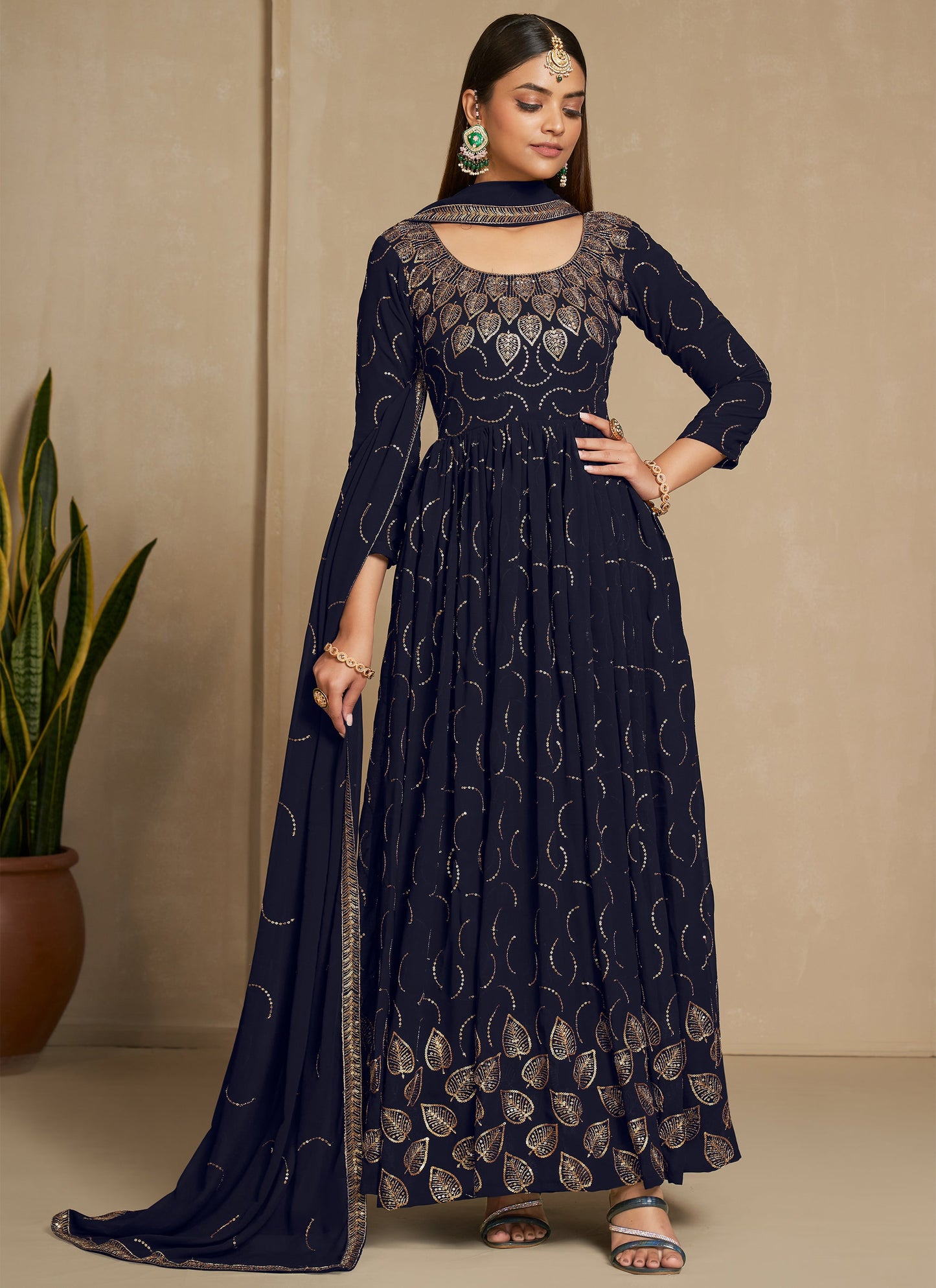 Designer Navy Blue Long Gown