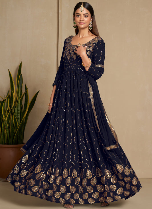 Designer Navy Blue Long Gown