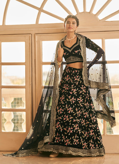 Chinon Silk Designer Black Lehenga Choli