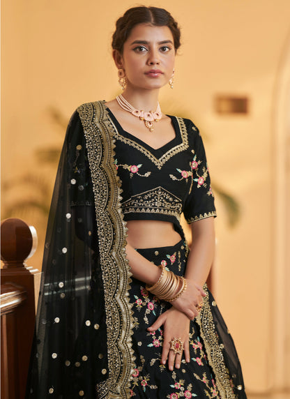 Chinon Silk Designer Black Lehenga Choli